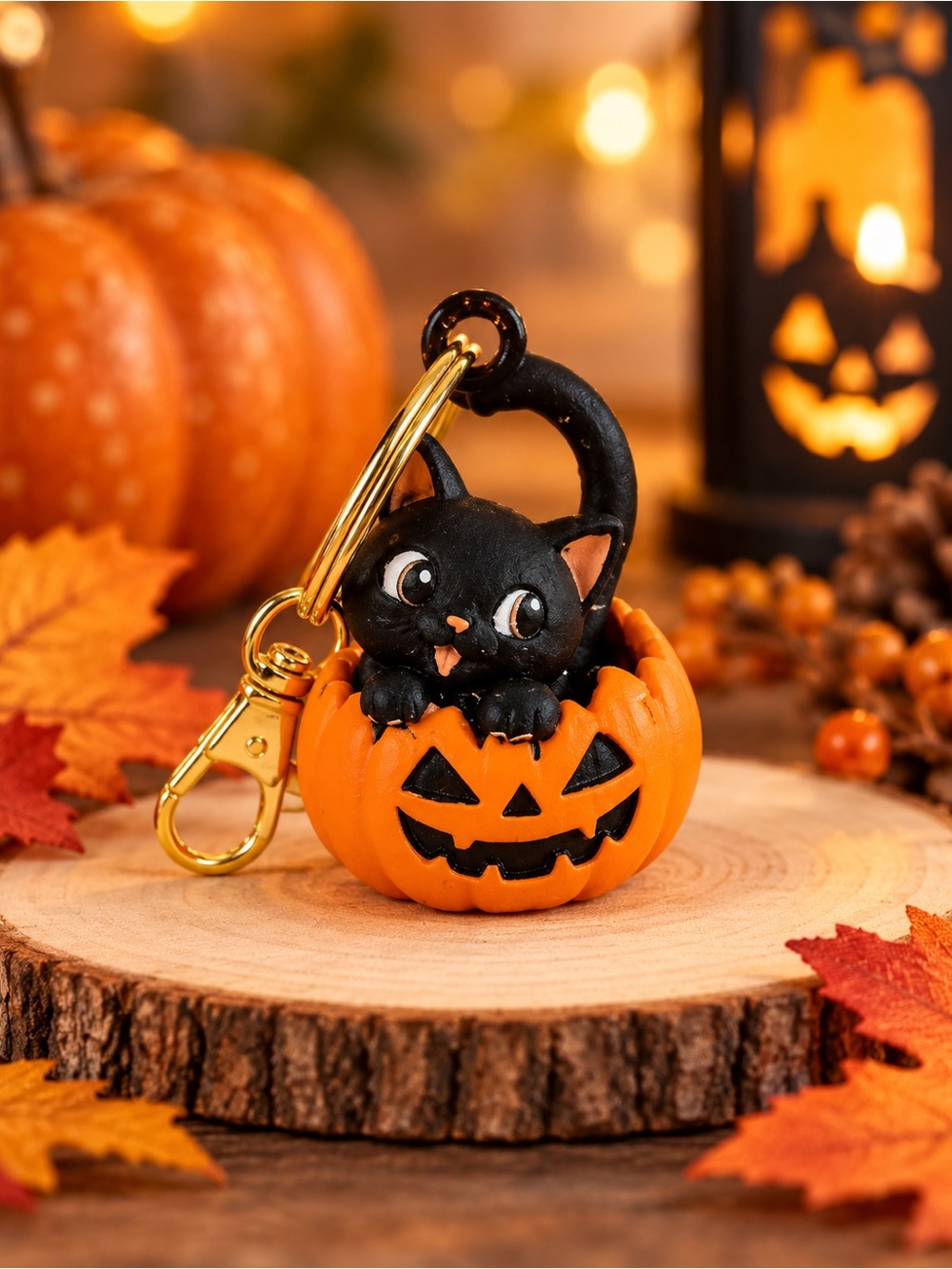 Halloween Black Cat Pumpkin Keychain - Festive Orange & Black Pet Accessory